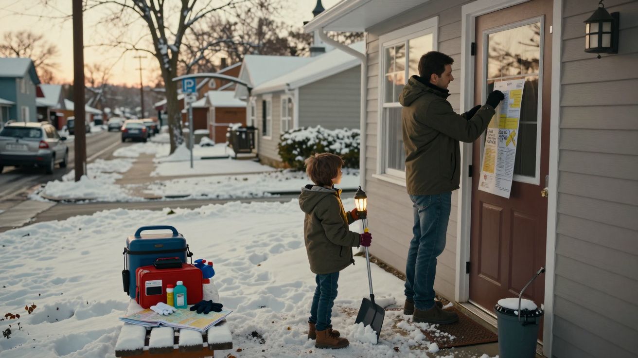 Pai e filho vestindo casacos em frente a uma casa nevada, o pai pendura um cartaz na porta.
