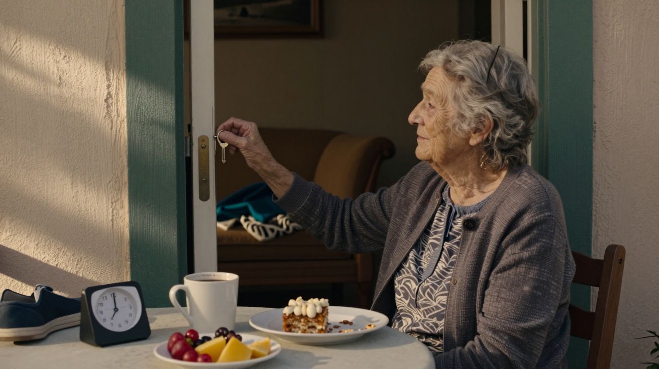 Idosa sentada à mesa, segura chave, com bolo, café e relógio à frente. Interior de casa parcialmente visível.