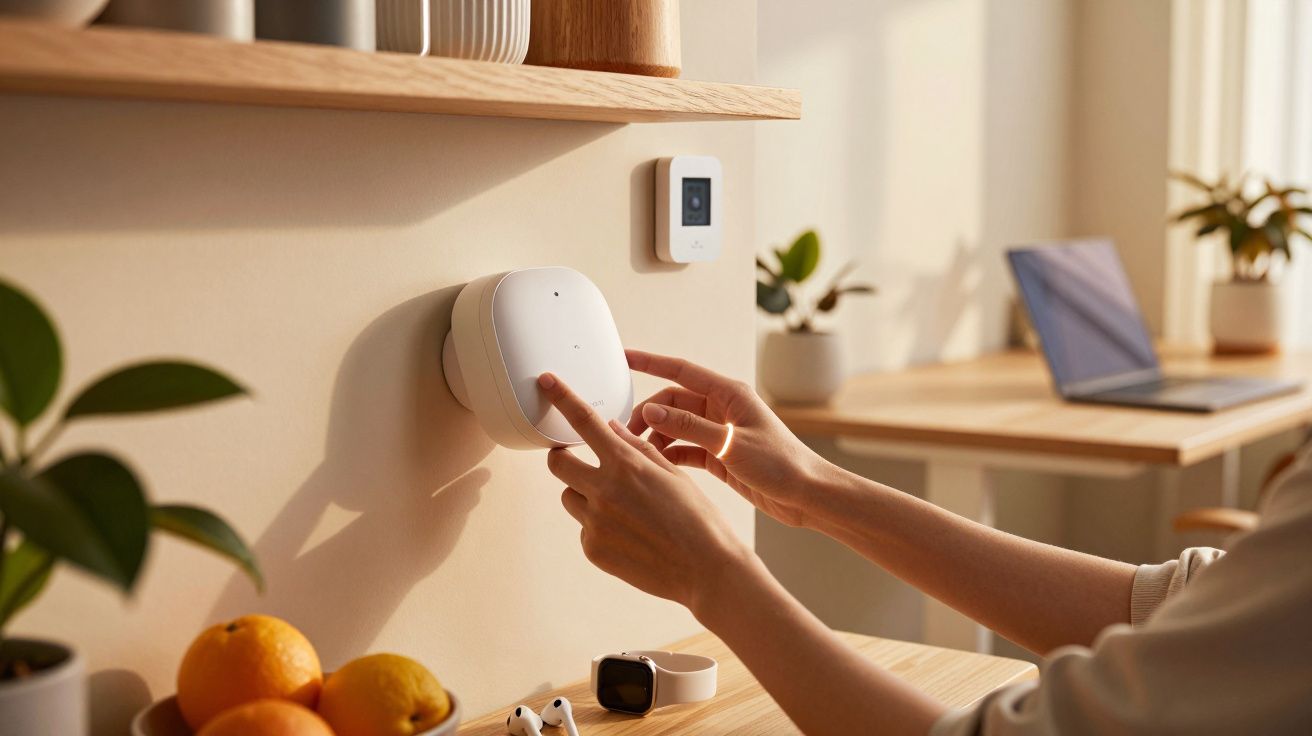 Pessoa ajusta dispositivo na parede em sala moderna, com plantas e gadgets sobre mesa de madeira clara.