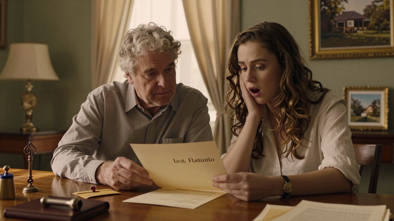 Homem idoso e jovem mulher analisam documento à mesa, com expressões de surpresa.