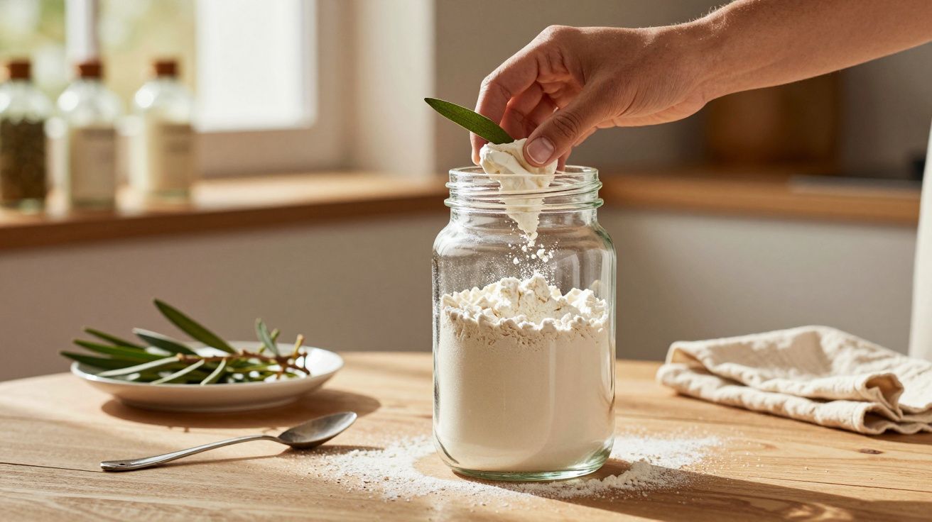 Mão adiciona ramo de oliveira a frasco de farinha sobre mesa de madeira com luz natural.