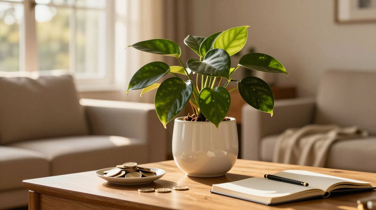 Planta em vaso branco sobre mesa de madeira com livro aberto e moedas, sofá e janela ao fundo.