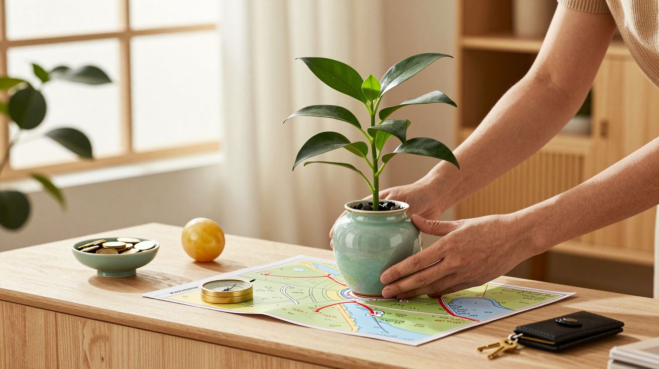 Pessoa coloca vaso de planta sobre mapa numa mesa de madeira, com uma bússola, chave, laranja e tigela com moedas ao lado.