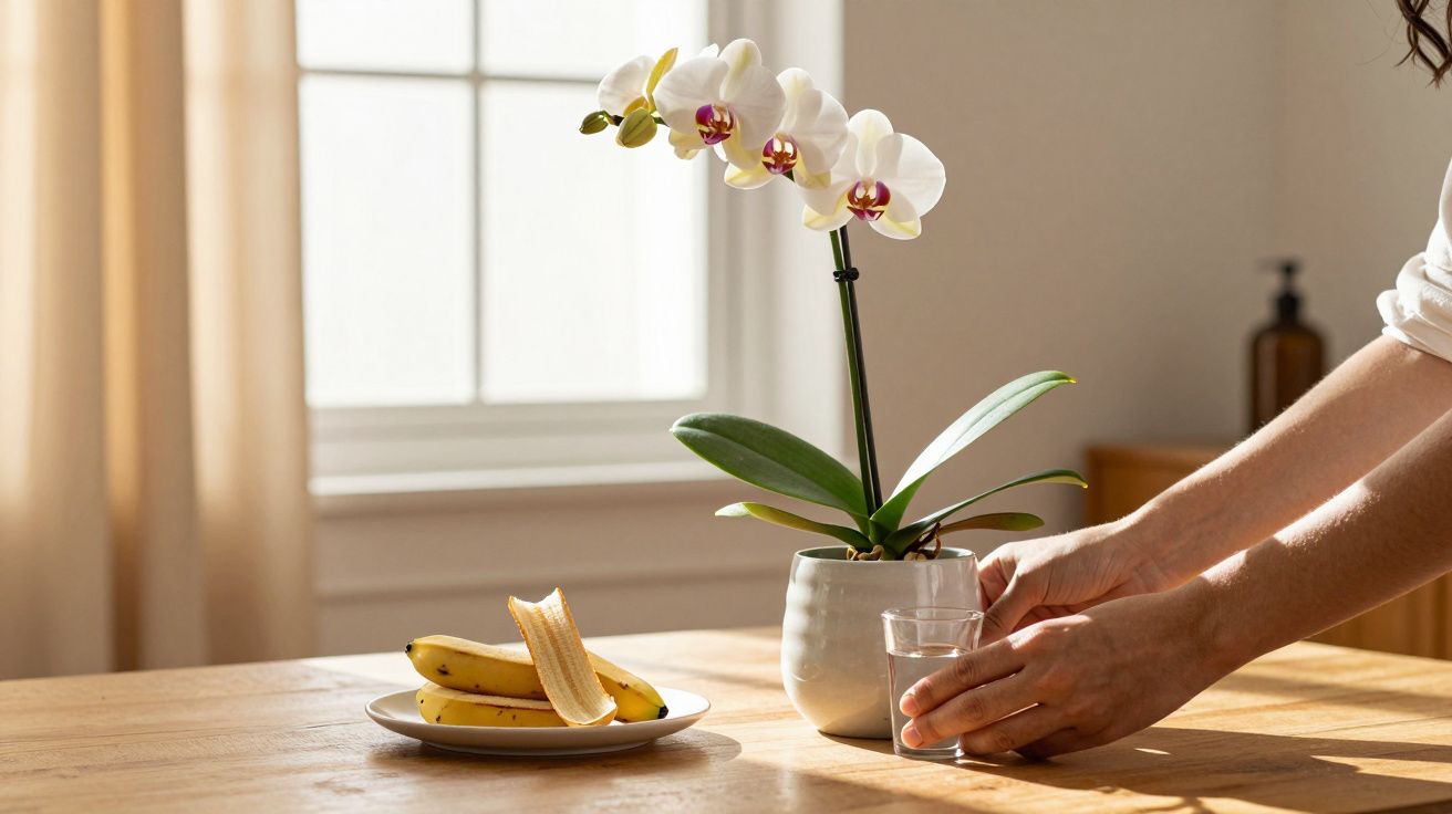 Orquídea branca num vaso ao lado de um prato com bananas descascadas sobre uma mesa de madeira iluminada pela luz solar.
