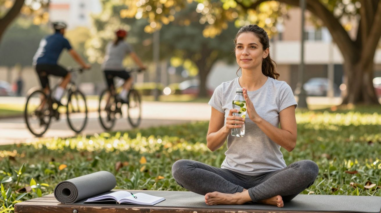 Mulher sentada em tapete de ioga no parque, segurando garrafa de água, ciclistas ao fundo.
