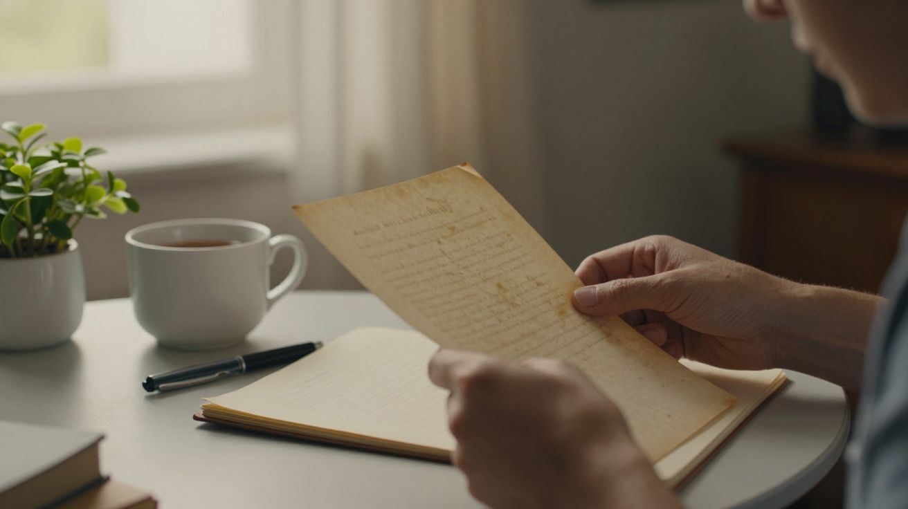 Pessoa lendo uma carta antiga junto a uma chávena de chá e uma planta em cima de uma mesa iluminada pela janela.