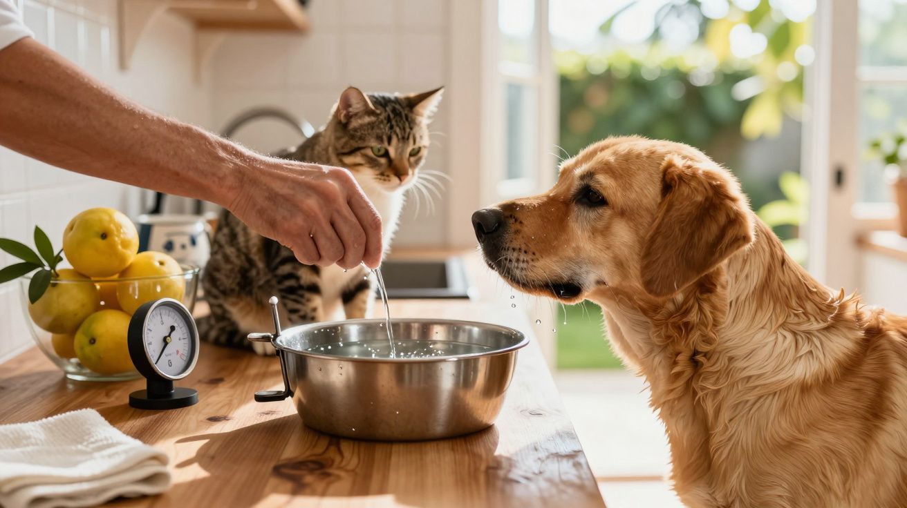 Pessoa a cozinhar com cão e gato na bancada da cozinha, junto a uma taça metálica e a um cesto de limões.