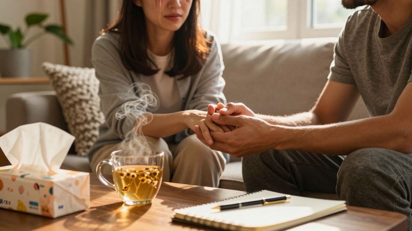 Duas pessoas sentadas num sofá, uma segurando as mãos da outra. Na mesa, chá quente, lenços e bloco de notas.