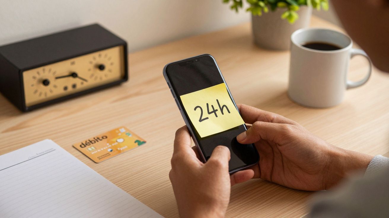 Pessoa segura telemóvel com um post-it "24h" na tela. Ao lado, cartão de débito, bloco de notas e chávena de café.
