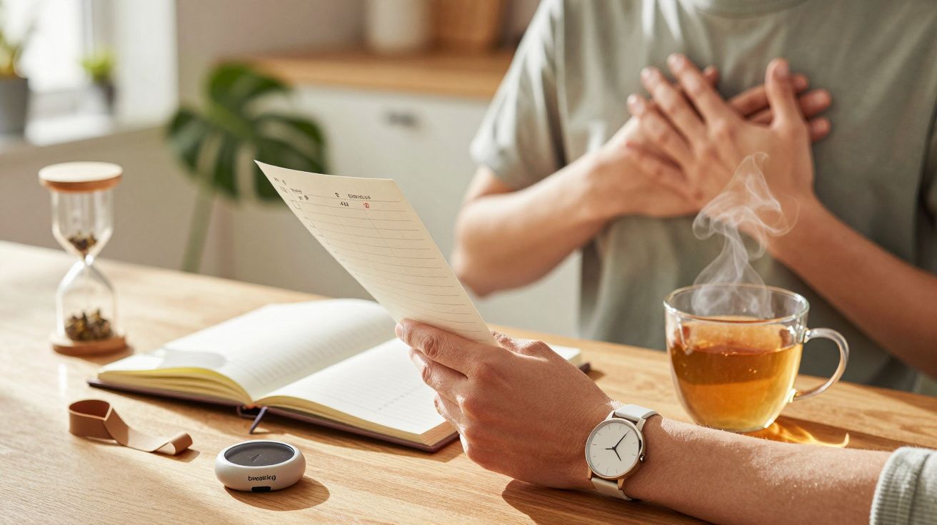 Pessoa segura papel à mesa, ao lado de chá fumegante e caderno aberto, no ambiente iluminado pela luz natural.