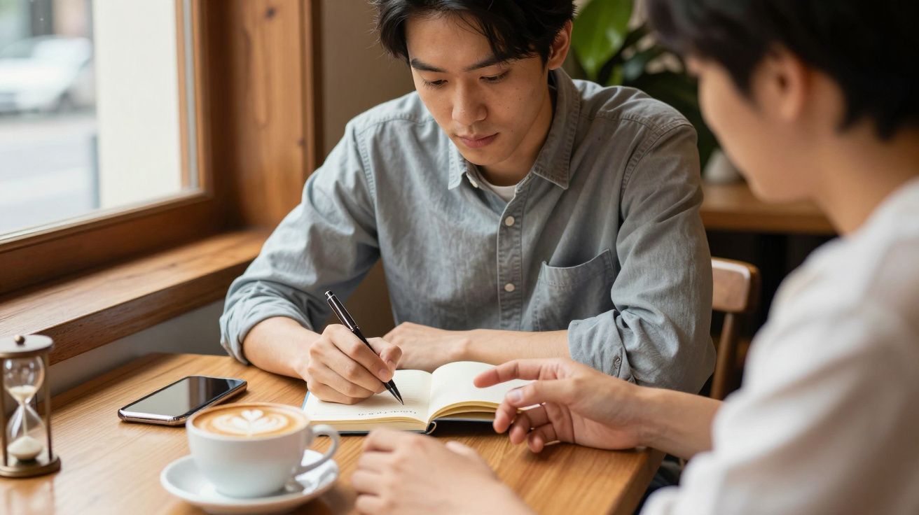 Duas pessoas em uma cafetaria, uma escrevendo num caderno e outra a apontar. Um café artesanal está na mesa.