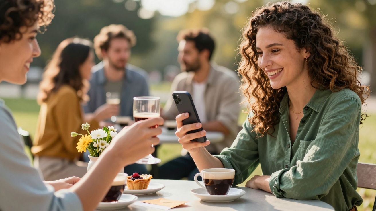 Mulher sorridente a olhar para o telemóvel num café ao ar livre, com amigas a brindar e café na mesa.