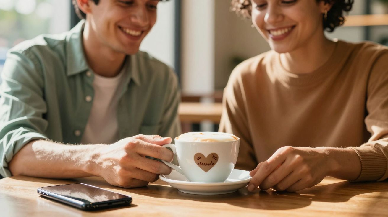 Duas pessoas sorrindo, partilham uma chávena de café num café, com um telemóvel sobre a mesa.
