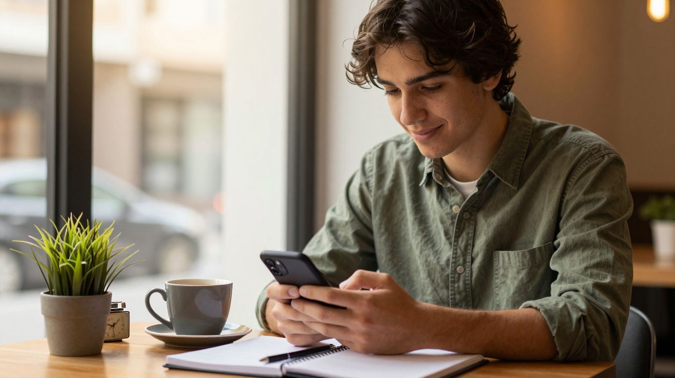 Homem sorrindo, sentado numa cafetaria, usa smartphone com caderno aberto à frente e chávena de café ao lado.