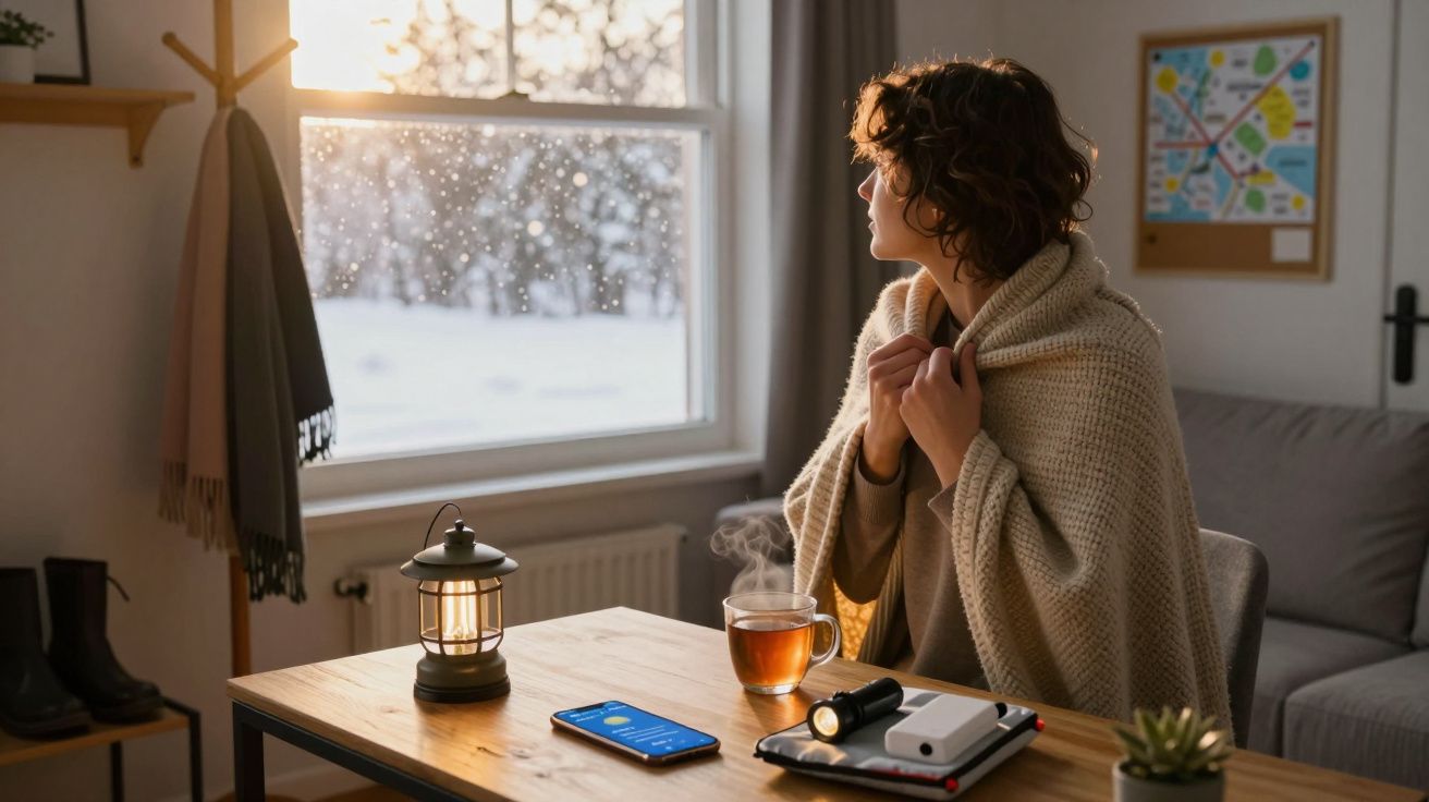 Mulher sentada perto de janela, coberta com manta, olhando neve; mesa com chá e lanterna acesa.