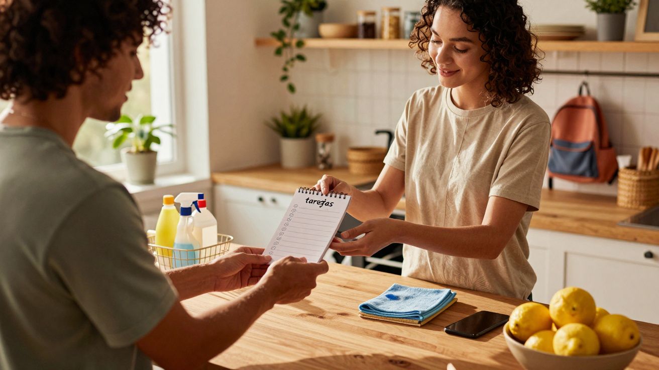 Duas pessoas numa cozinha, uma passando uma lista de tarefas para a outra. Produtos de limpeza e fruta na bancada.
