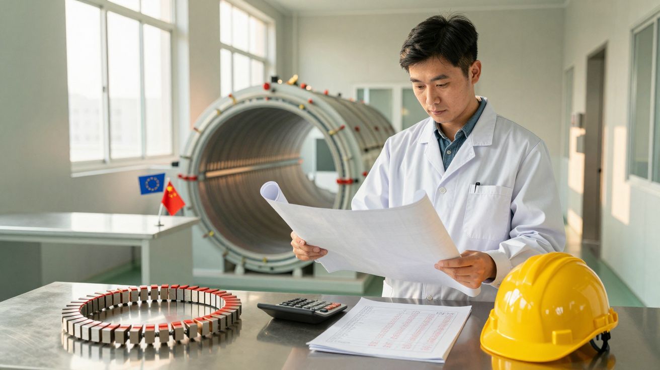 Cientista analisa documentos numa fábrica, com capacete amarelo na mesa e equipamento industrial ao fundo.
