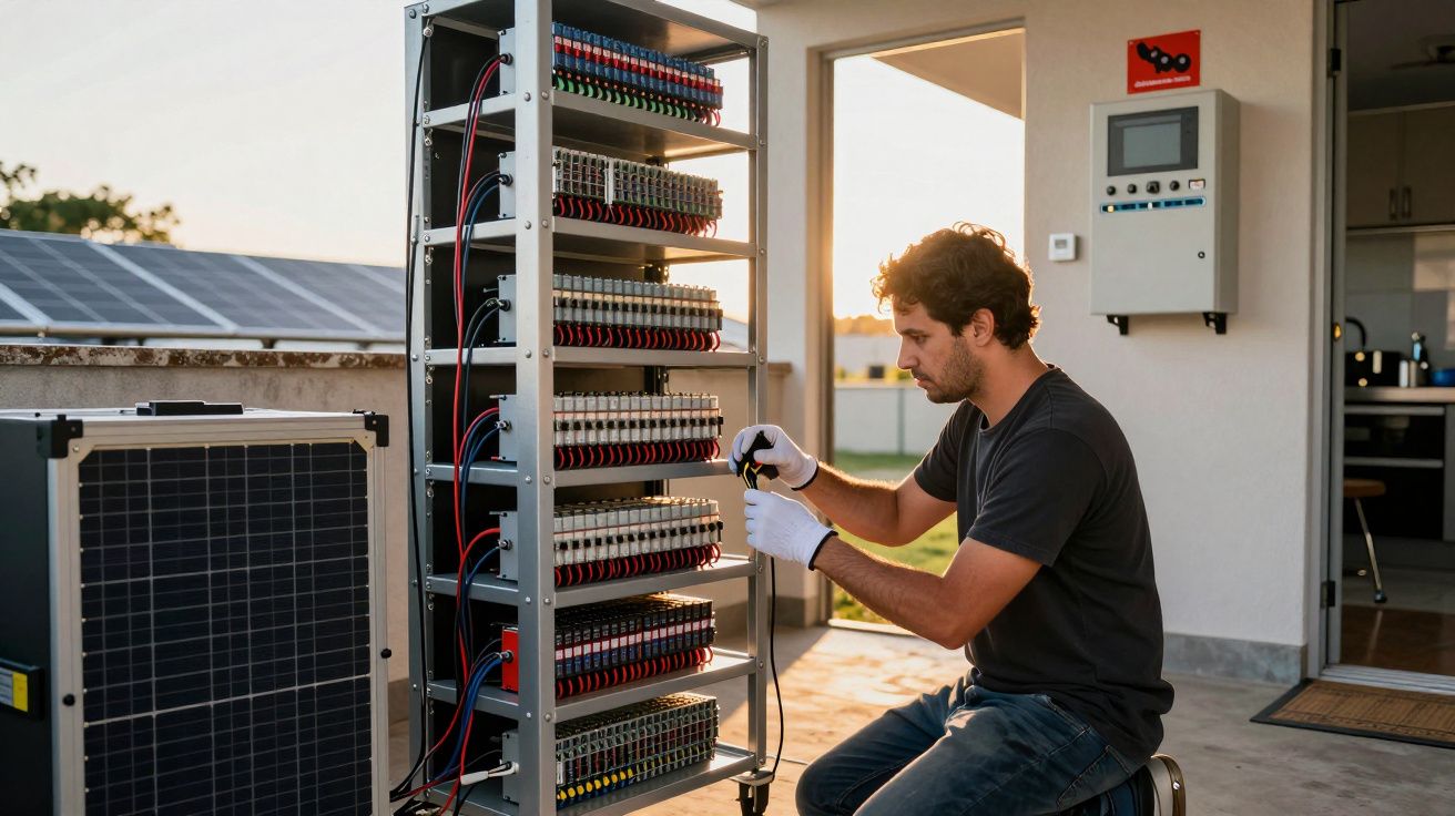 Homem trabalha em baterias de energia solar ao ar livre, com painel fotovoltaico e céu ao fundo.