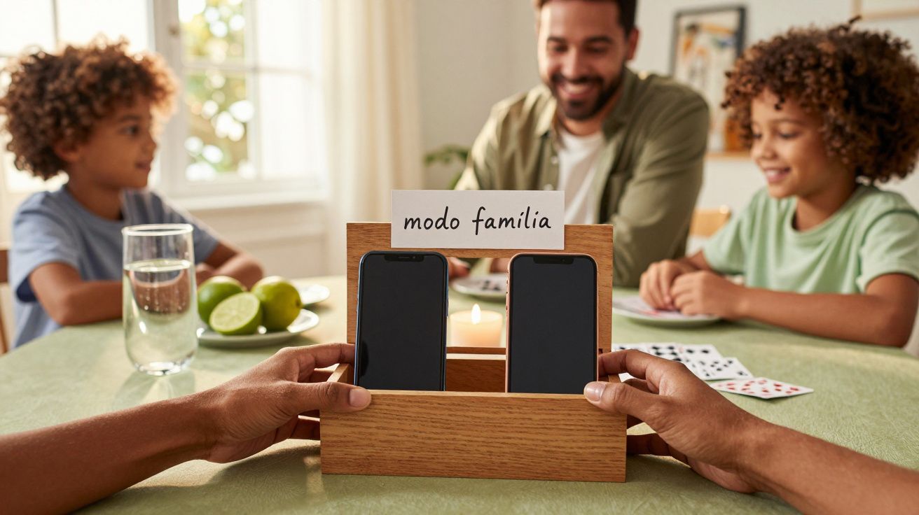 Família junta em mesa, telemóveis guardados em suporte "modo família". Crianças e adulto a sorrir, copo e cartas visíveis.