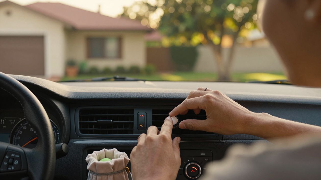 Pessoa ajusta o controlo do ar condicionado no painel de um carro estacionado em frente a uma casa.