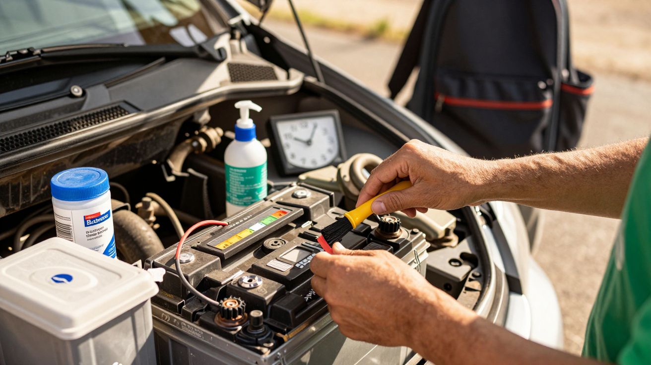 Pessoa a verificar a bateria de um carro com vários produtos de limpeza ao redor.