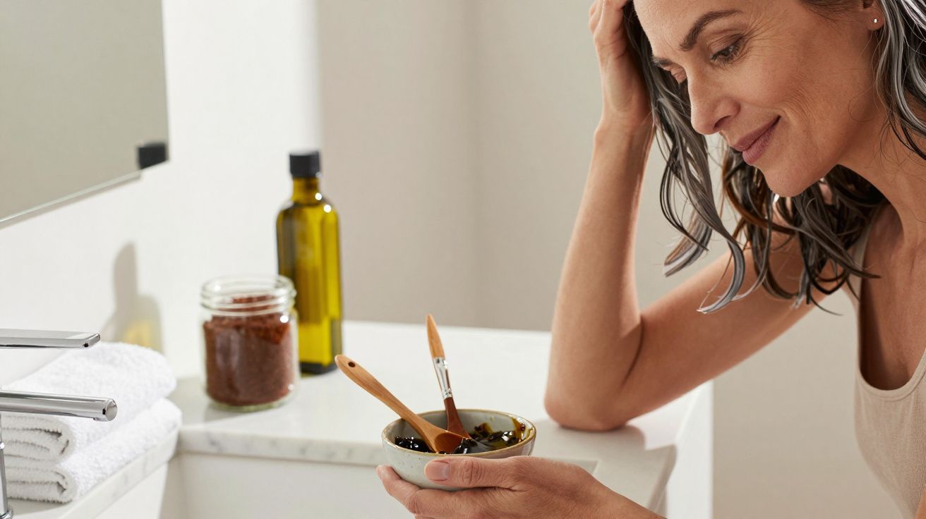 Mulher sorri segurando uma tigela com pincéis, frente a uma bancada de casa de banho com toalhas e frascos.