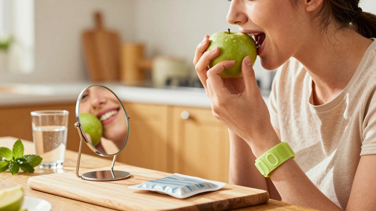 Mulher a comer maçã verde em frente a espelho, num balcão de cozinha.