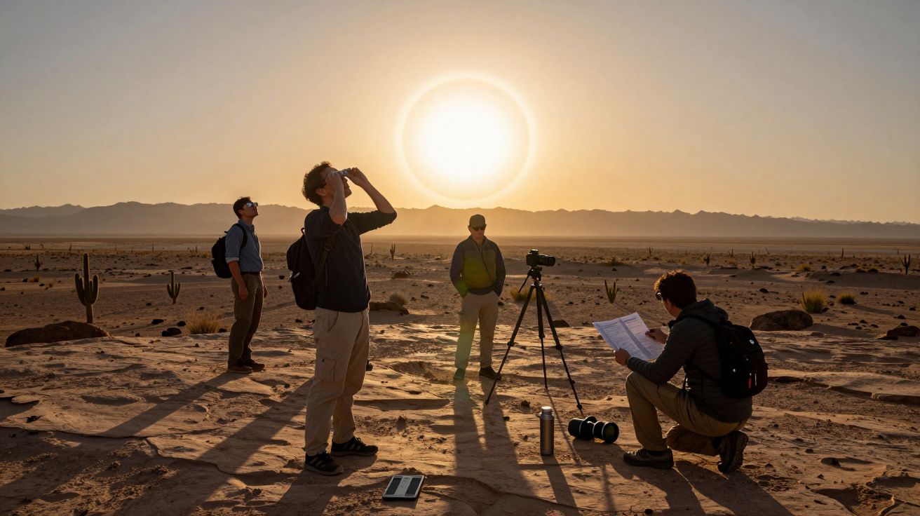 Grupo de pessoas no deserto ao pôr do sol, uma pessoa com tripé e câmara, cactos e montanhas visíveis ao fundo.