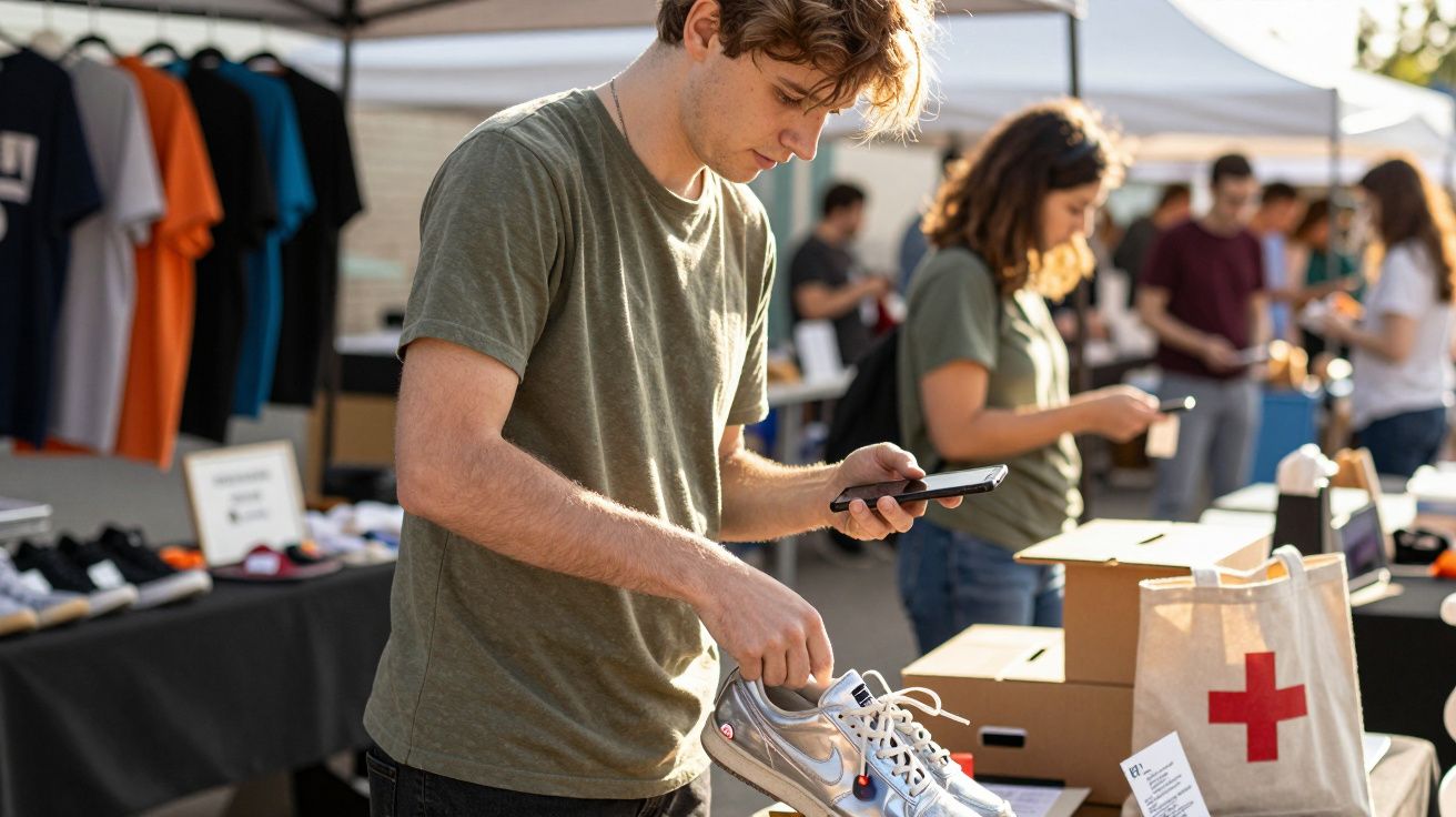 Homem jovem examina um par de ténis enquanto segura um telemóvel em feira ao ar livre.