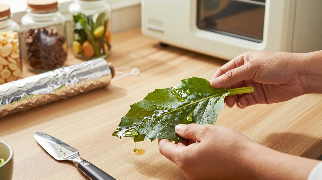 Mãos segurando folha verde molhada numa bancada de cozinha, com faca e papel de alumínio próximos.