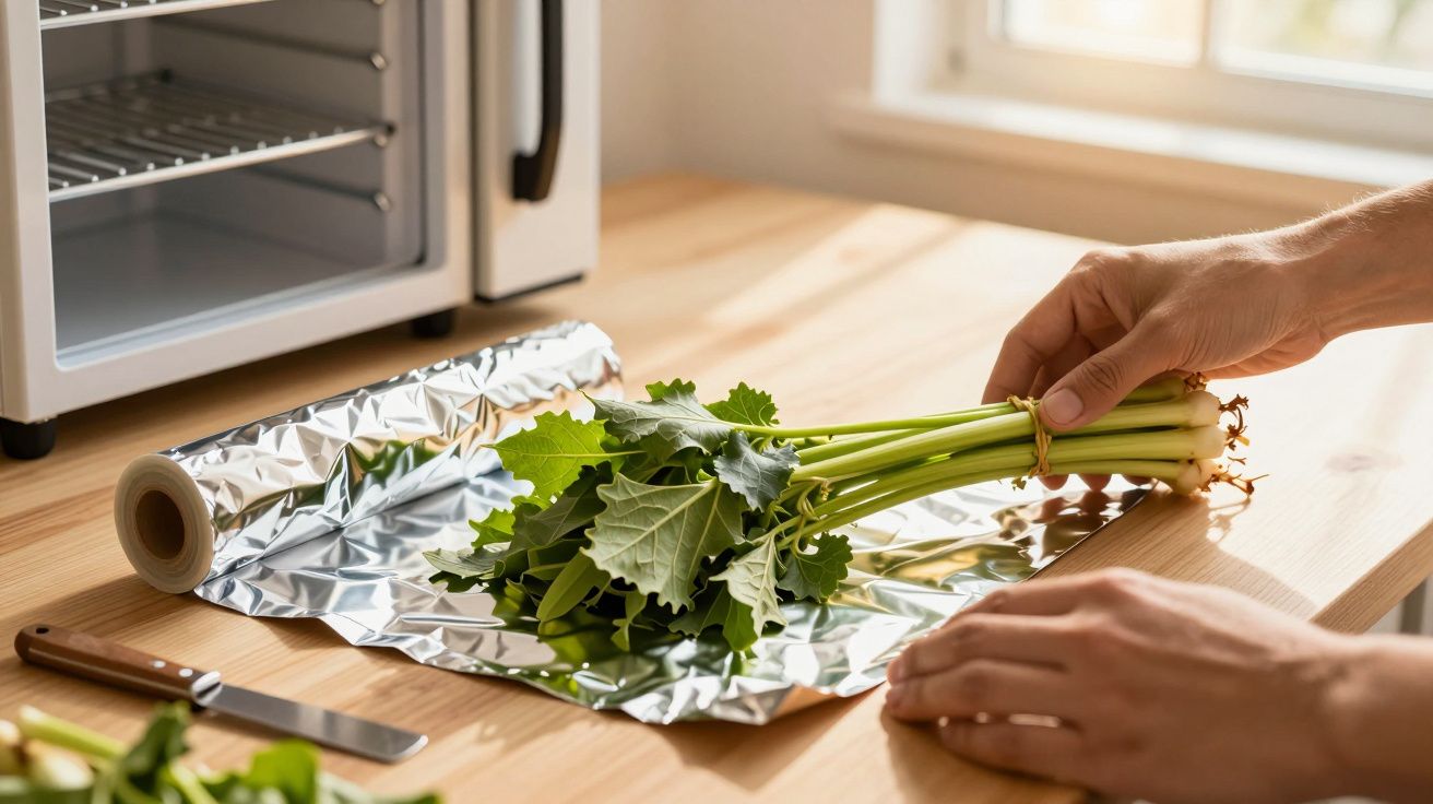 Pessoa a embrulhar folhas verdes em papel de alumínio numa cozinha iluminada, com frigorífico ao fundo.