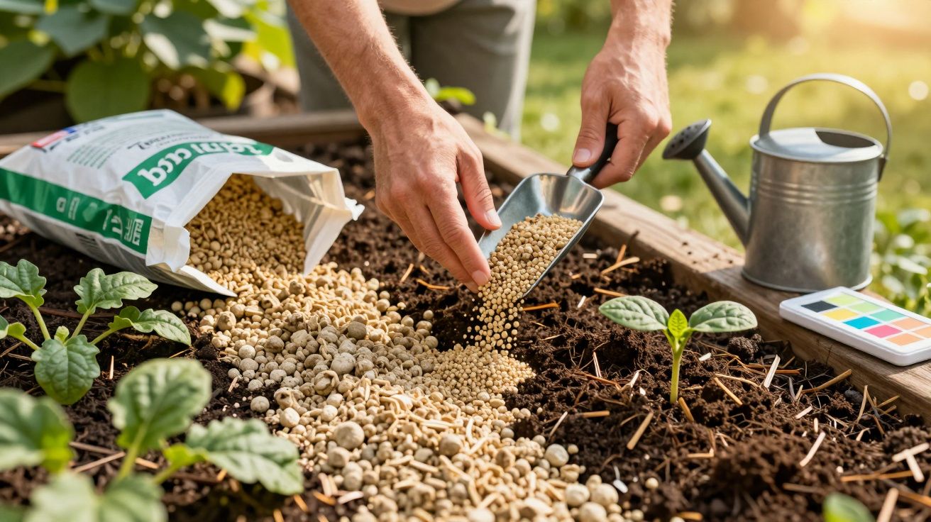 Mãos a espalhar fertilizante numa horta, ao lado de um regador e um medidor de pH.