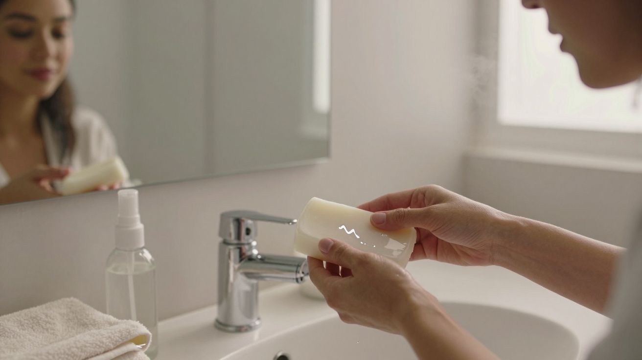 Pessoa segurando um sabonete branco em frente a um lavatório, com espelho e toalha ao lado.