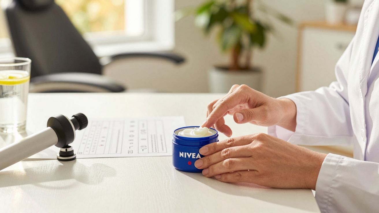 Mãos de pessoa pegando creme de pote azul com o nome "Nivea" em ambiente de escritório.