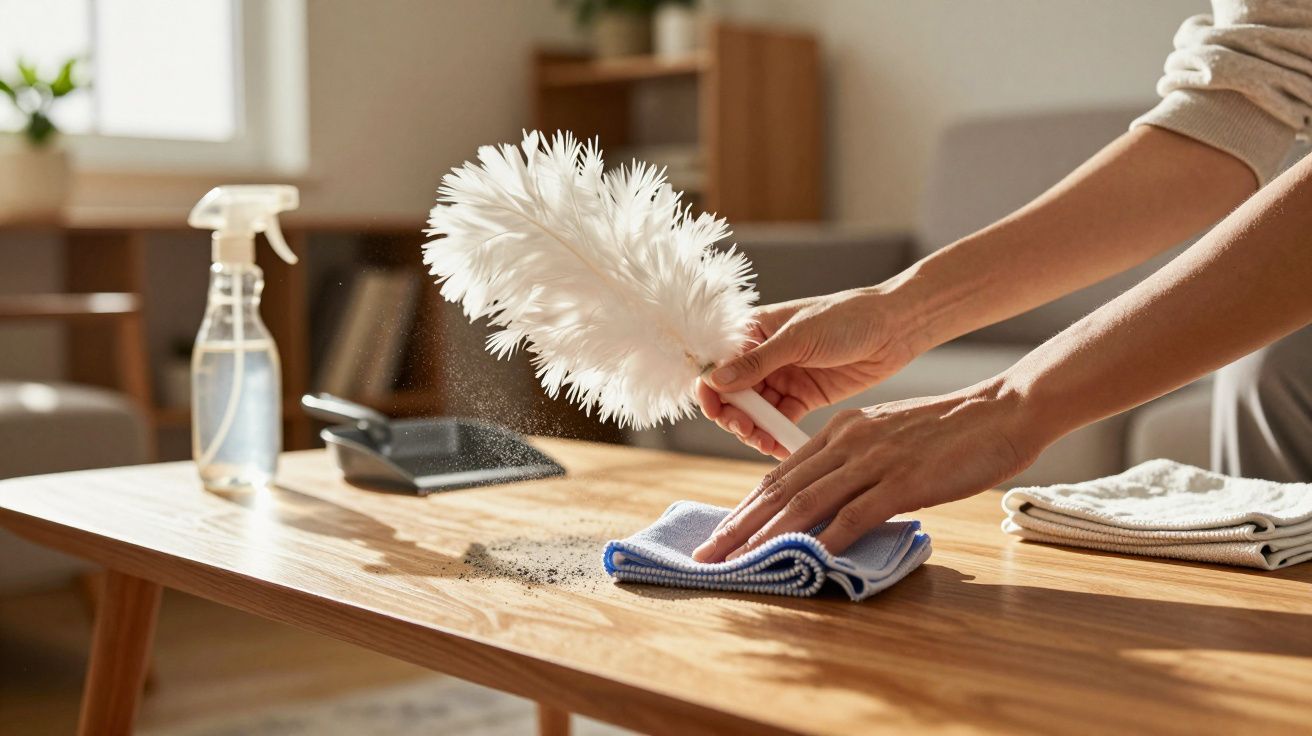 Pessoa a limpar uma mesa de madeira com espanador de penas, panos de limpeza e borrifador ao fundo.