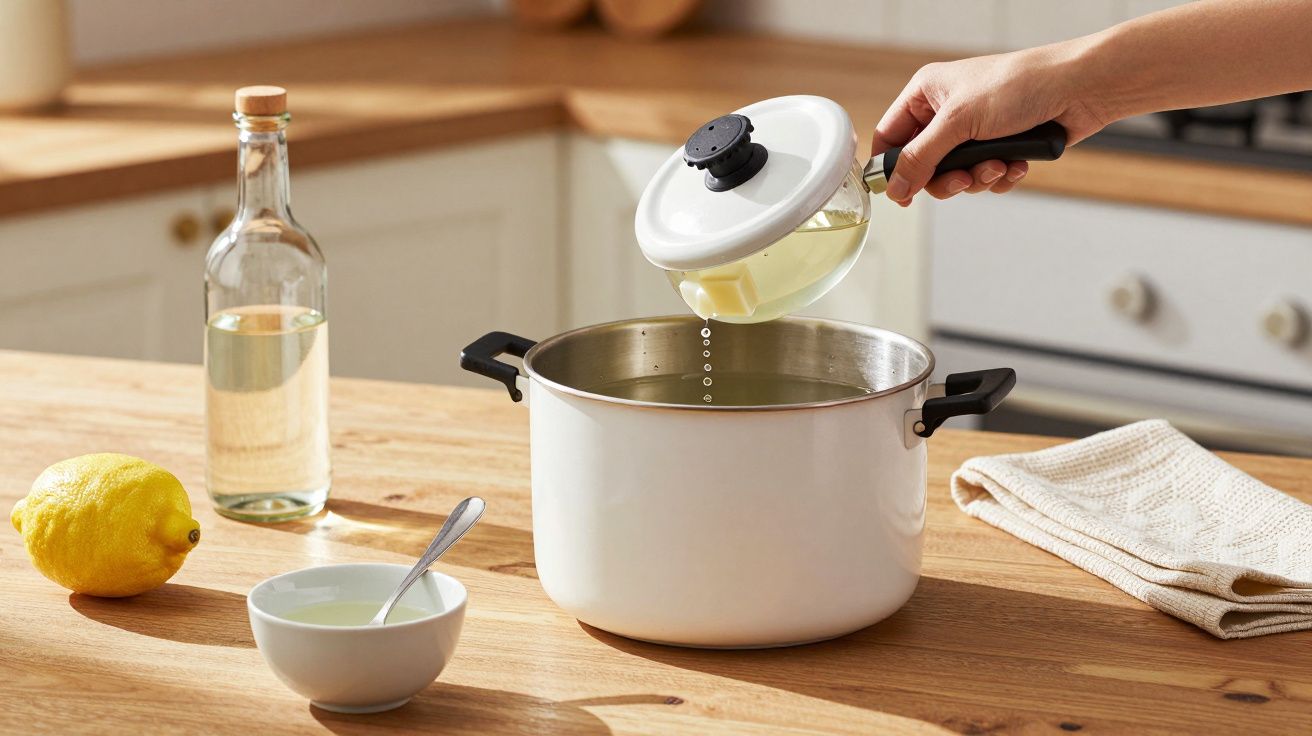 Mão segura tampa de panela branca, ao lado de limão, tigela com colher e garrafa de óleo sobre bancada de cozinha.