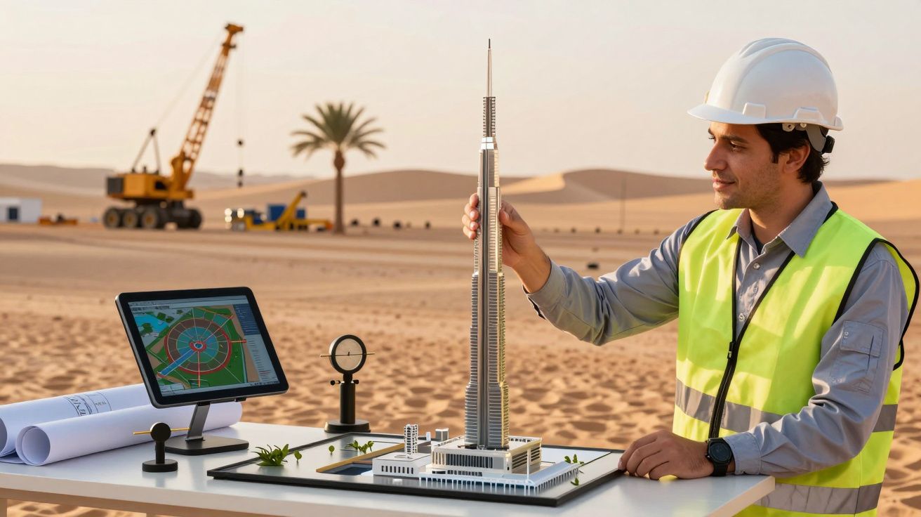 Engenheiro examina maquete de edifício alto num deserto, com guindaste ao fundo e tablet com planta ao lado.