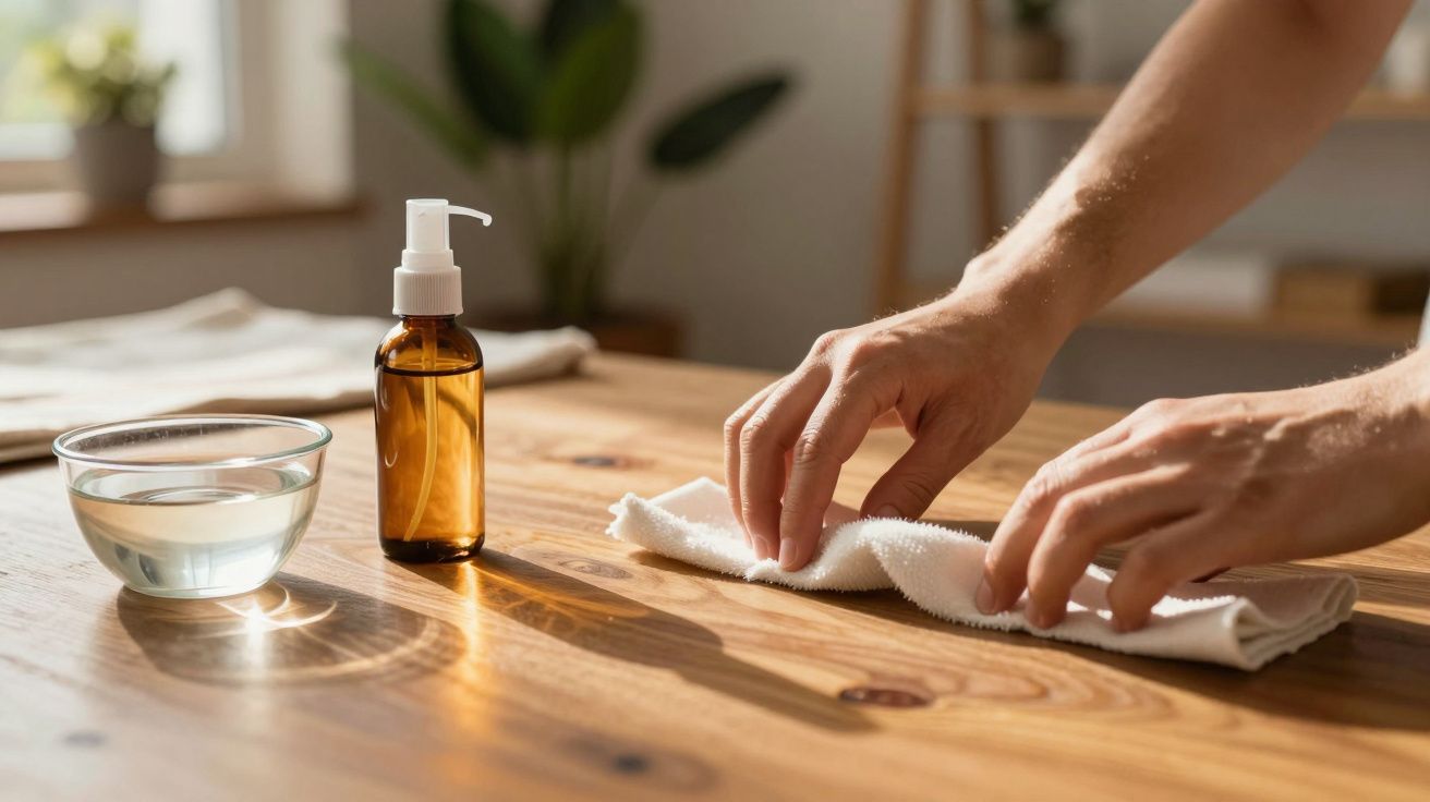 Mãos limpando uma mesa de madeira com pano, com taça de água e frasco de spray ao lado.
