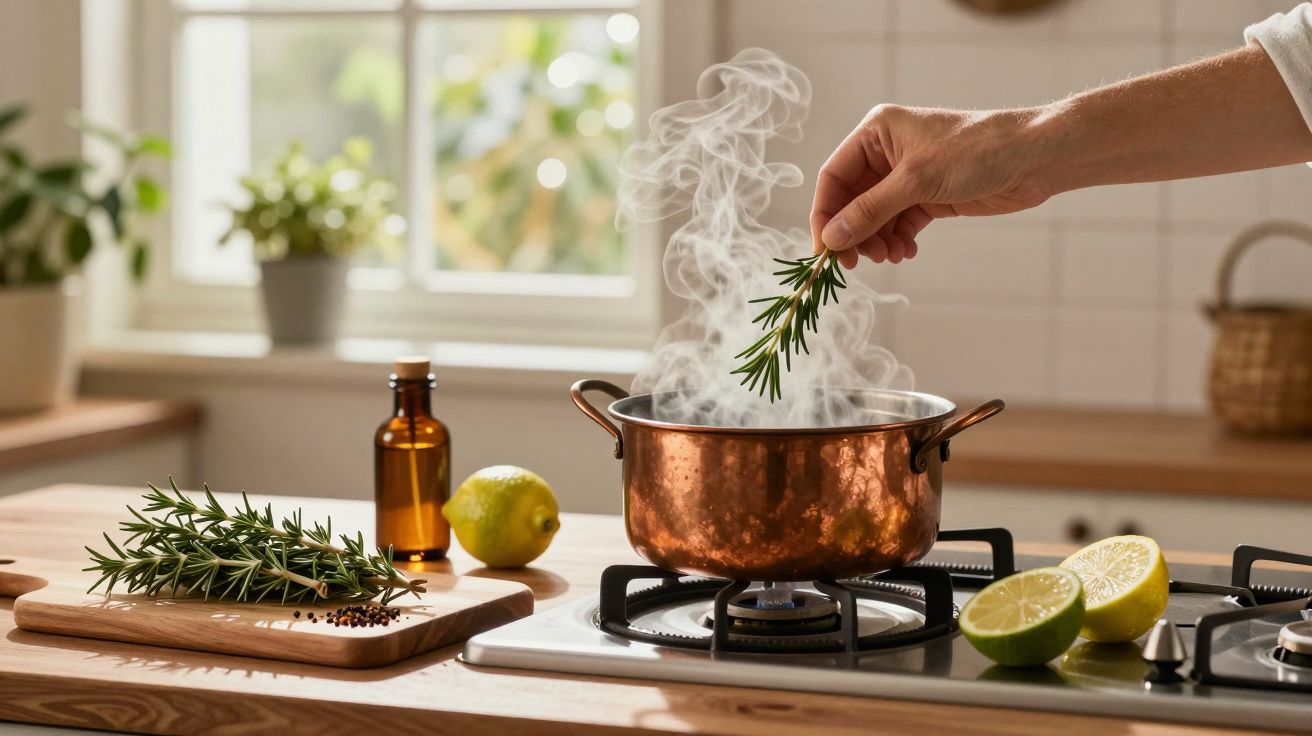 Mão adiciona alecrim a uma panela de cobre fumegante no fogão, com limões e alecrim ao lado.