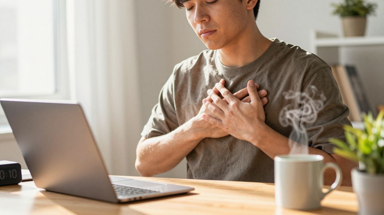 Homem com as mãos no peito frente a um laptop, parece preocupado; à direita, uma chávena de café a fumegar.
