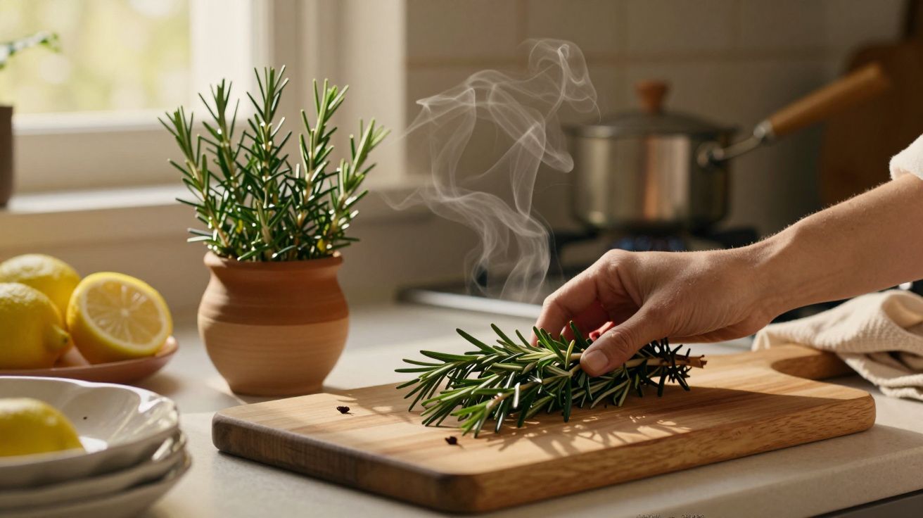 Mão coloca ramo de alecrim fresco numa tábua de madeira com limões ao fundo numa cozinha iluminada pelo sol.