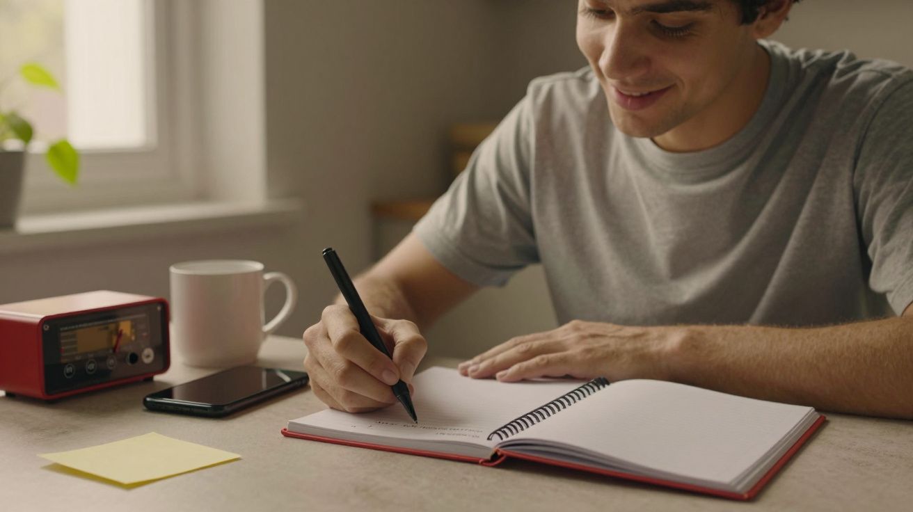 Homem a escrever num caderno com caneta, ao lado de um telemóvel, chávena e rádio sobre a mesa.