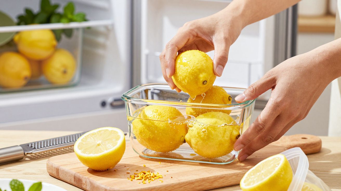Mãos colocam limões num recipiente de vidro, com mais limões e um ralador sobre uma tábua de madeira.