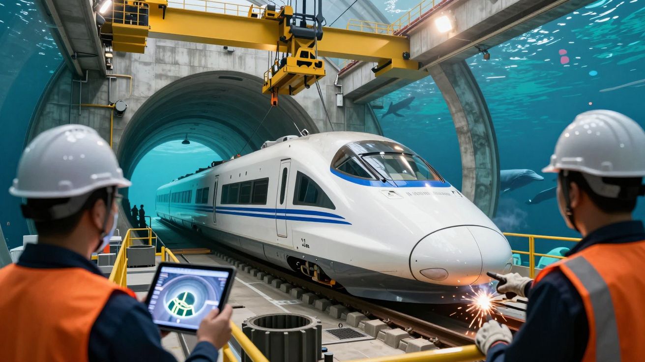 Dois trabalhadores monitorizam um comboio de alta velocidade a sair de um túnel subaquático, equipados com capacetes.