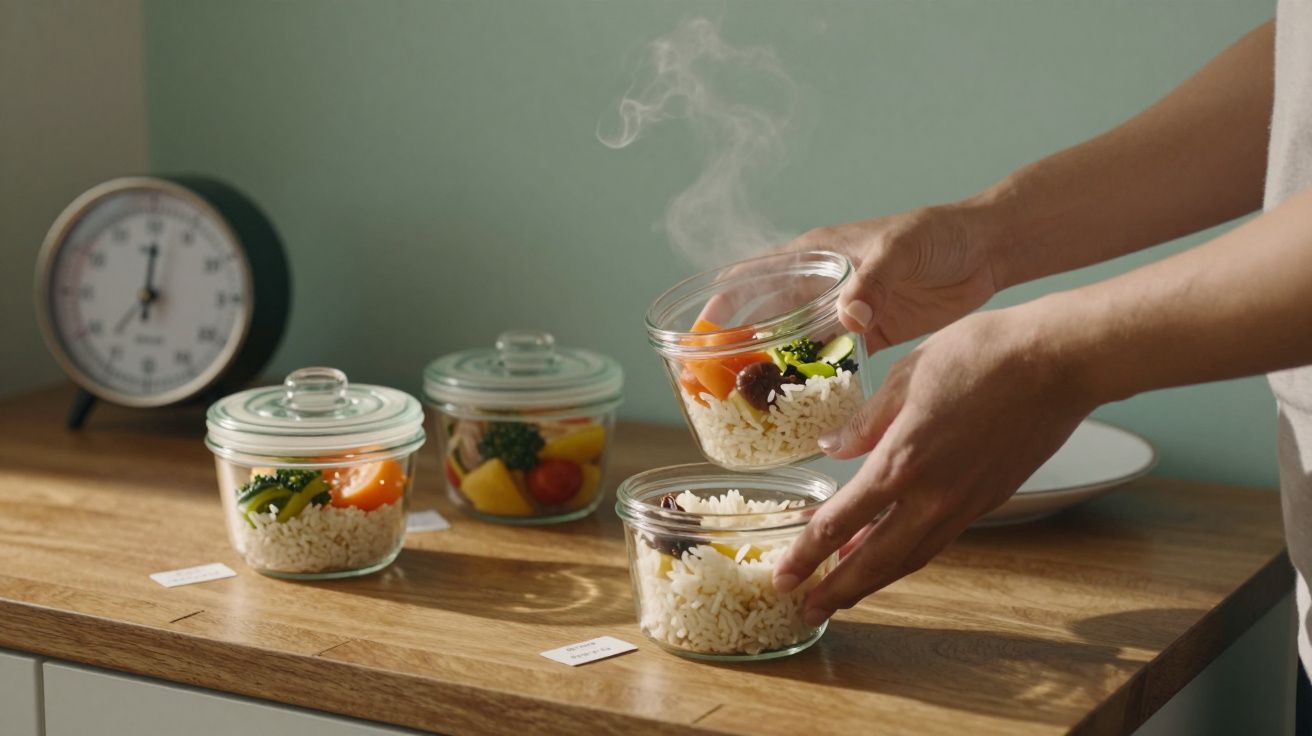 Pessoa a segurar um frasco de vidro com arroz e legumes ao lado de outros frascos na bancada de cozinha.