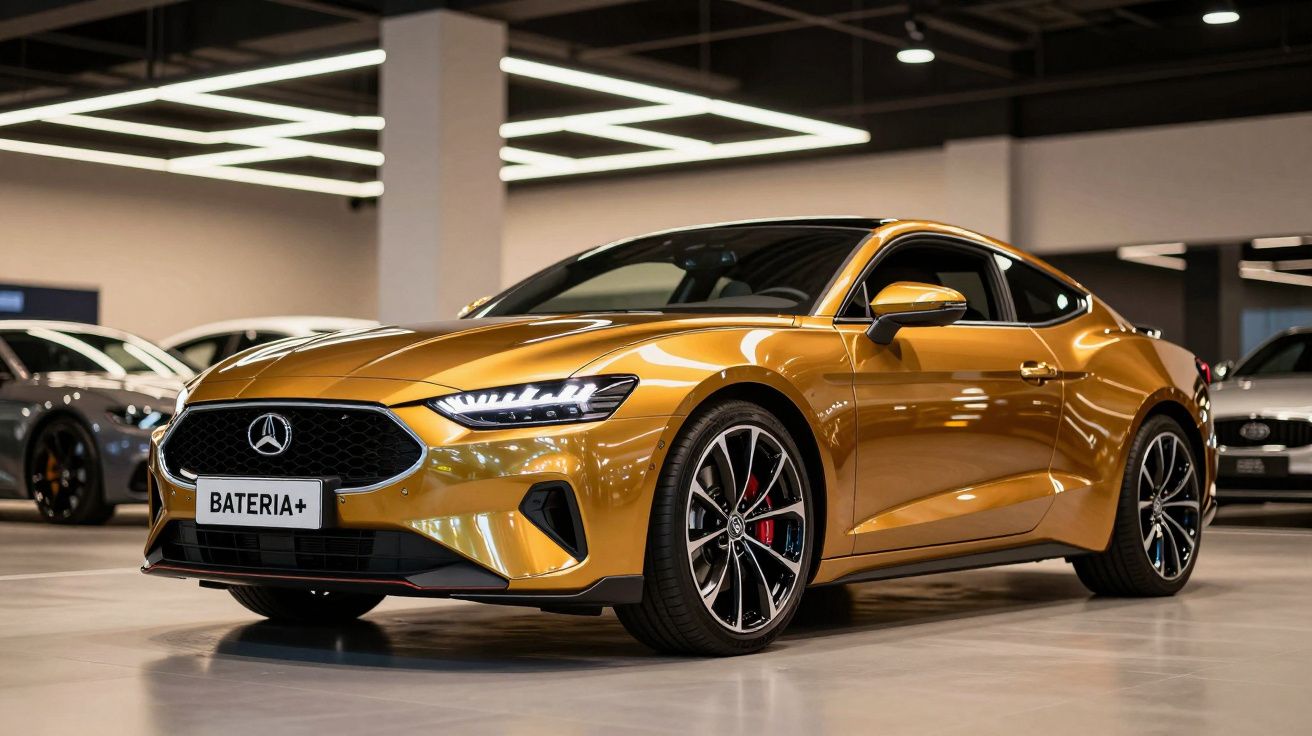 Carro dourado elétrico exibido em showroom iluminado, com design moderno e elegante.