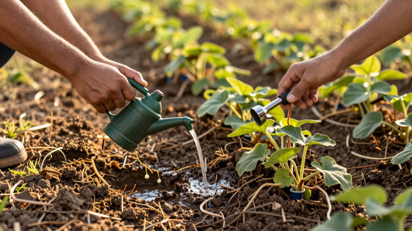 Mãos regando plantas jovens em solo fértil com regador verde e tubo de irrigação.