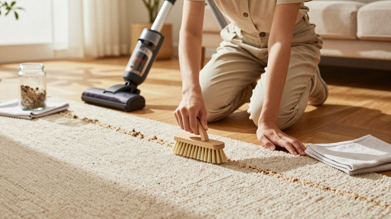Pessoa a escovar um tapete em casa com aspirador e frasco ao lado.