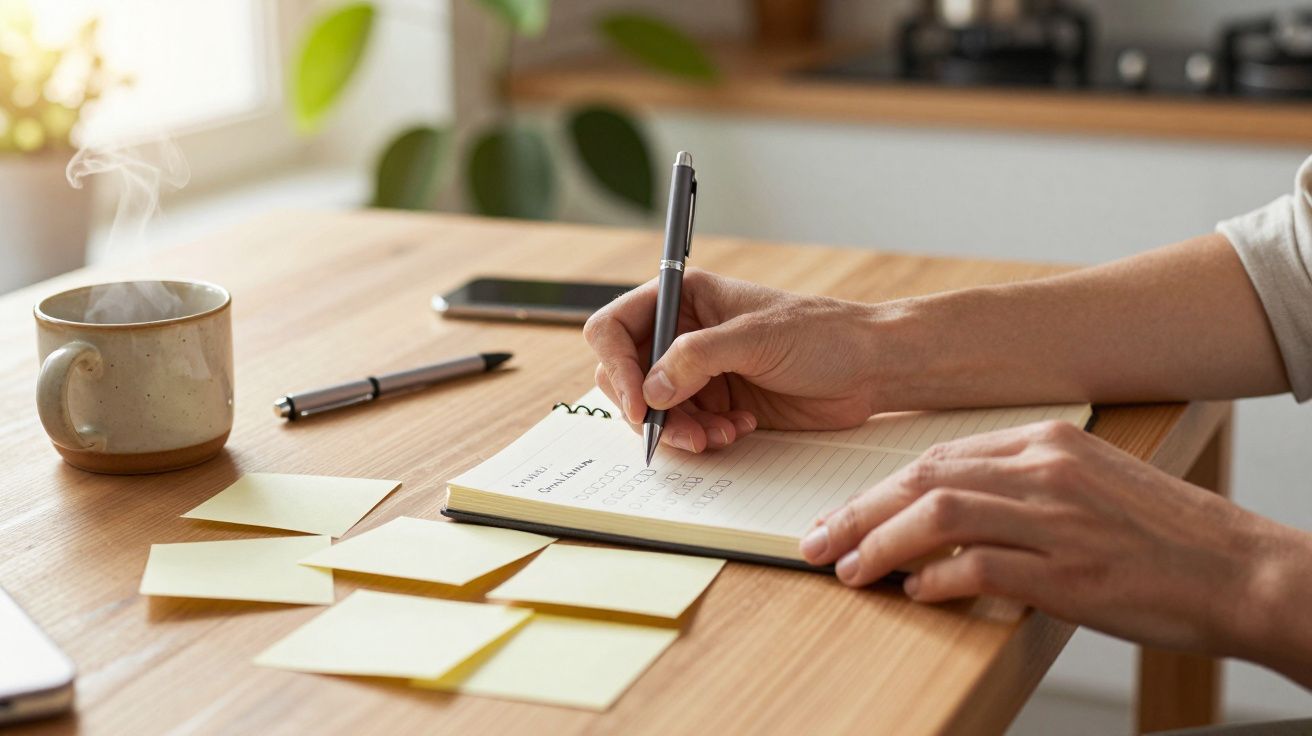 Pessoa a escrever numa agenda sobre uma mesa de madeira com post-its, caneta e chávena ao lado.