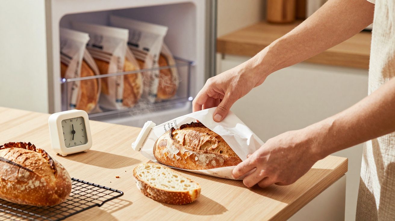 Pessoa a desembrulhar pão fresco em bancada de cozinha, com fatia cortada ao lado e relógio pequeno a marcar o tempo.